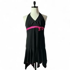 Y2K City Triangles Black Halter Neck Dress with Pink Trim Bow Detail Fairycore